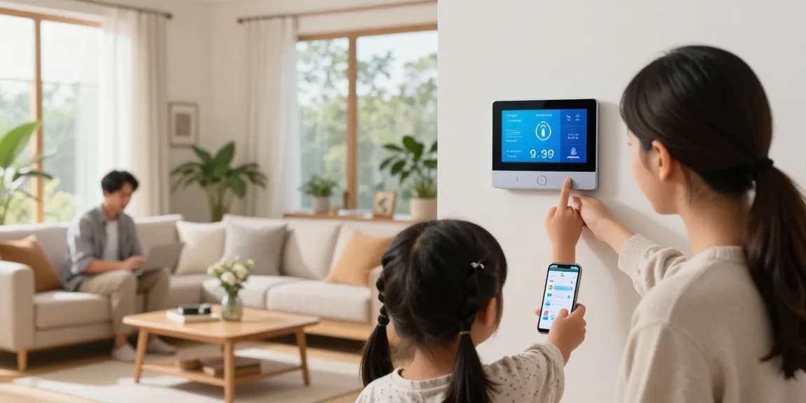 Family interacting with a smart thermostat, demonstrating home comfort and energy savings.
