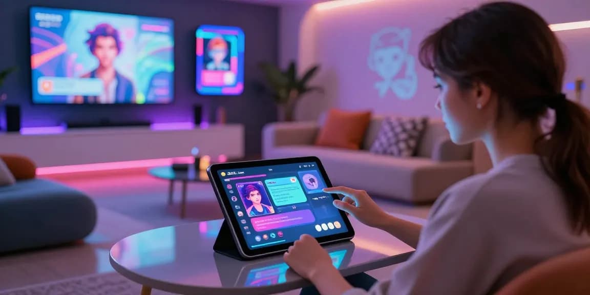 Interactive NSFW AI chat scene with user engaging on futuristic tablet, showcasing custom characters and vibrant interface.