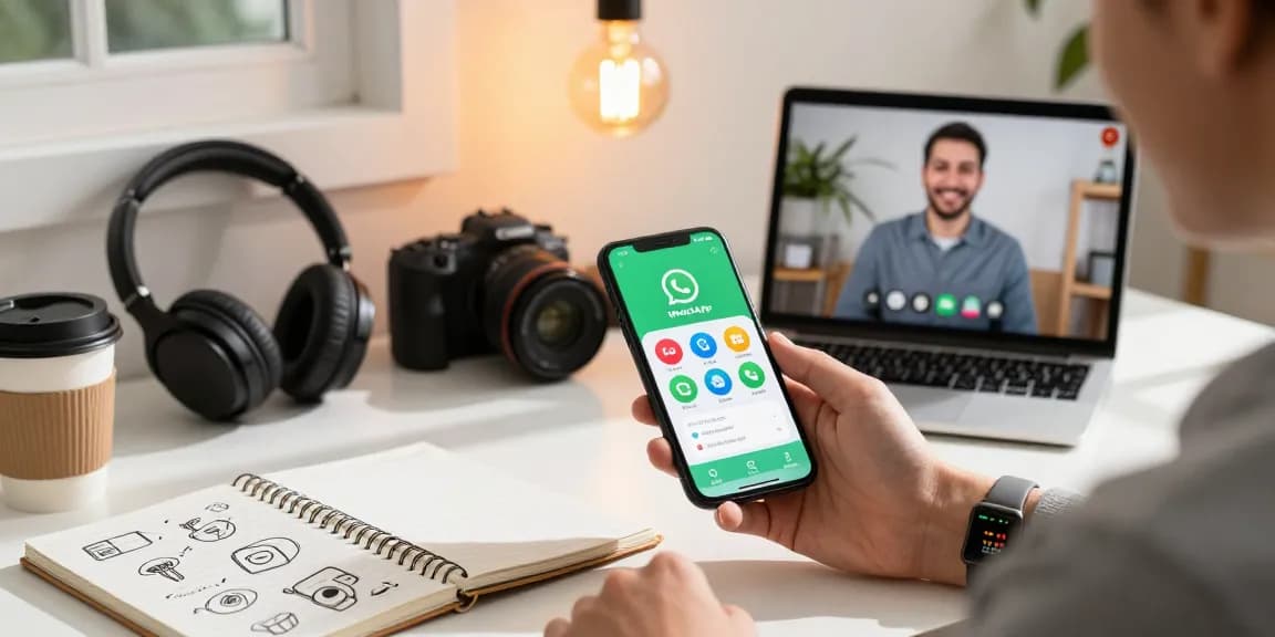 WhatsApp下載 on smartphone with app icons in a modern workspace, showcasing user engagement and connectivity.