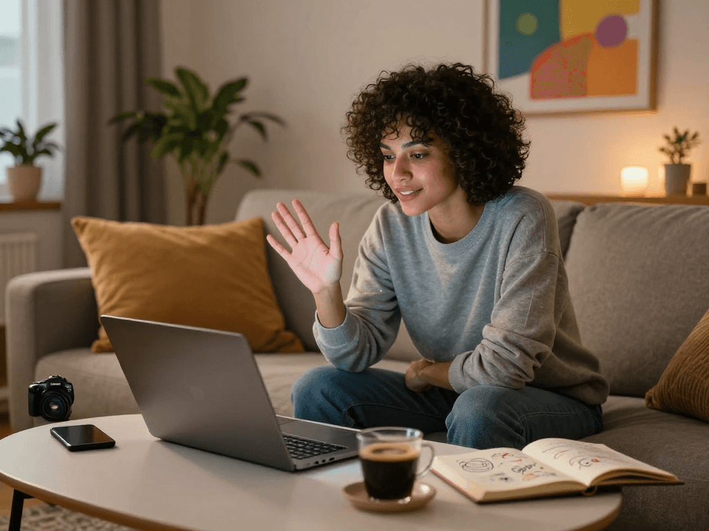 Engaging in an AI sex chat on a sleek laptop in a cozy living room.