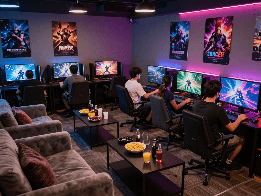 Engaging adult game scene with players enjoying interactive experiences in a vibrant lounge.