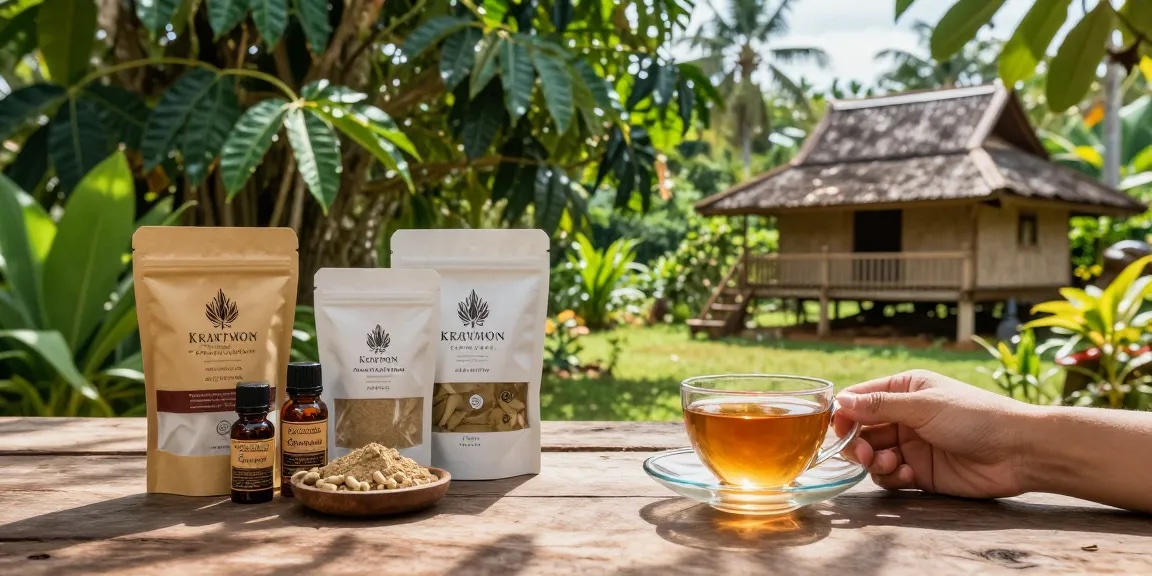 Buy red thai kratom online in a relaxing tropical setting with herbal tea and Kratom products.