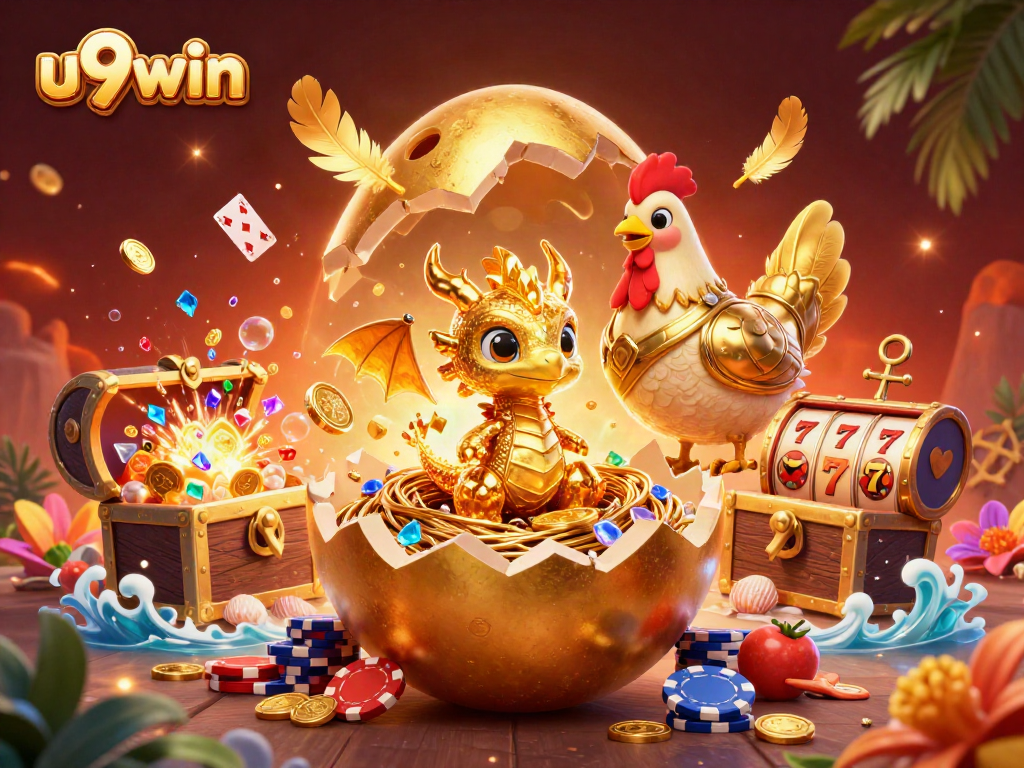 Join the excitement at u9win with an ultra-detailed 3D illustration showcasing slots, a baby dragon, and poker chips.