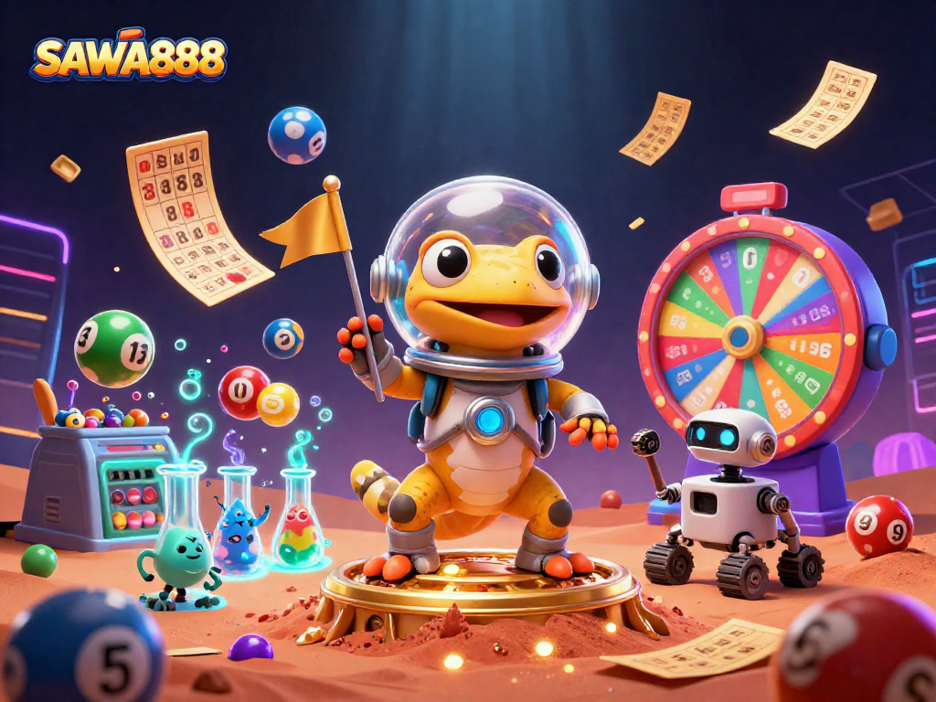 Experience SAWA888: A Martian gecko discovers a golden casino amidst vibrant gaming elements.