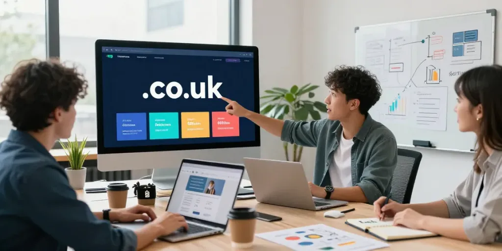 Engaging team meeting focused on .co.uk domain registration strategies in a modern office setting.