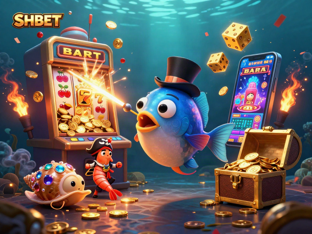 Engage in thrilling SHBET gameplay with a 3D deep-sea adventure of characters and casino elements.