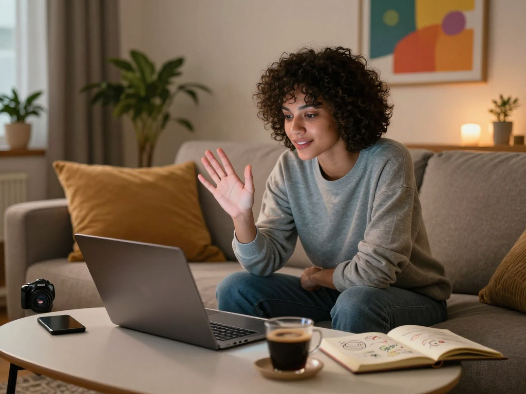 Engaging in an AI sex chat on a sleek laptop in a cozy living room.