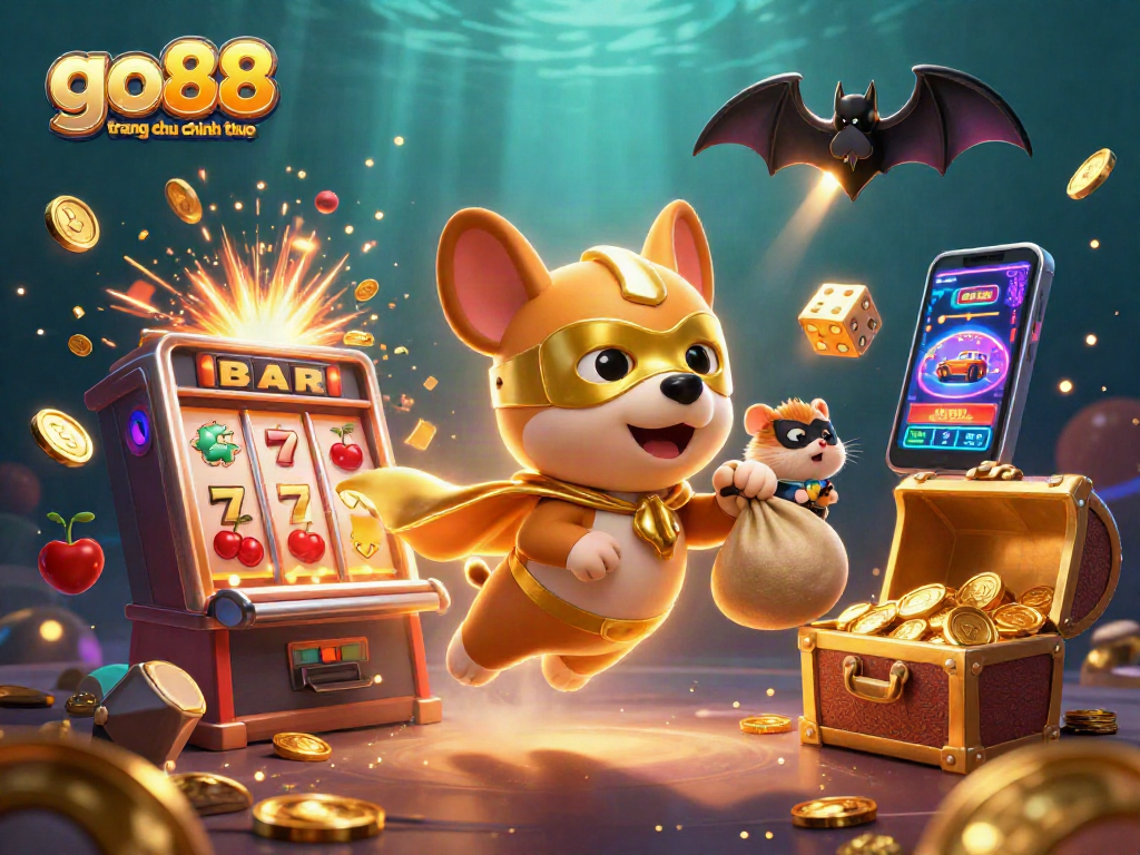 Experience thrilling wins at go88 trang chu chinh thuc with a superhero dog and vibrant casino elements.