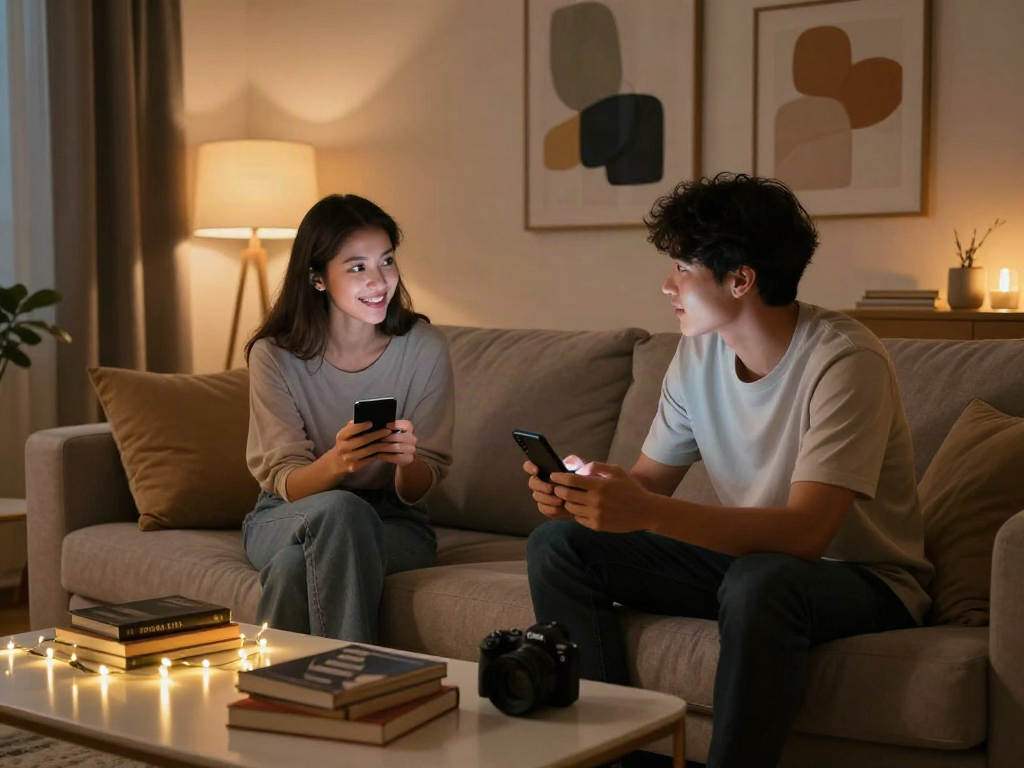 Engaging discussion on ai sex chat in a cozy modern living room with warm lighting and elegant decor.