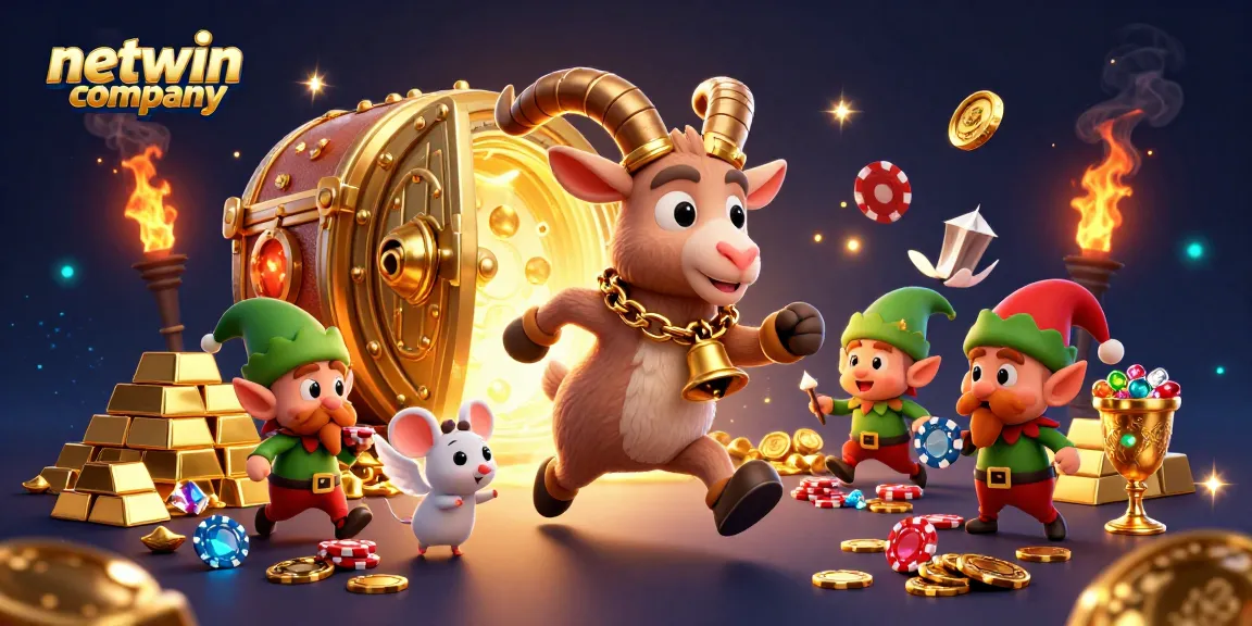 Catch thrilling casino excitement with netwin company as festive characters amidst gold treasures.