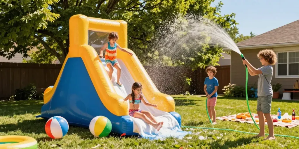 Children having fun on a slip and slide in a sunny backyard, creating joyful summer memories