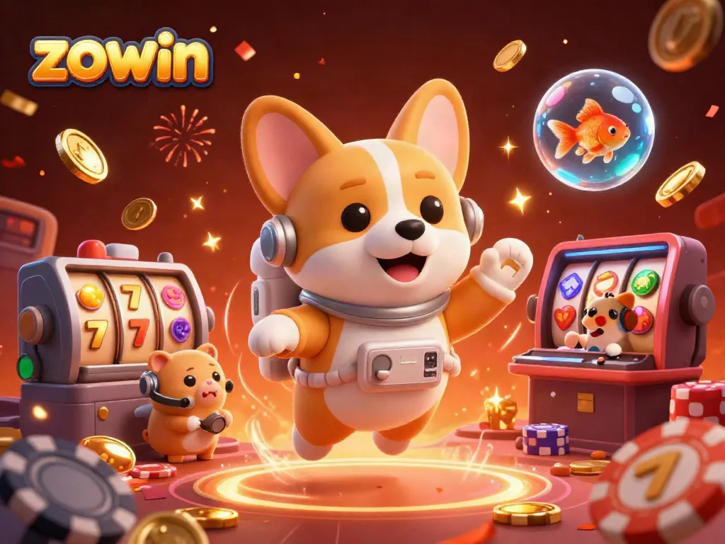 Experience the vibrant casino atmosphere with the Zowin astronaut corgi amidst floating chips and slot reels.