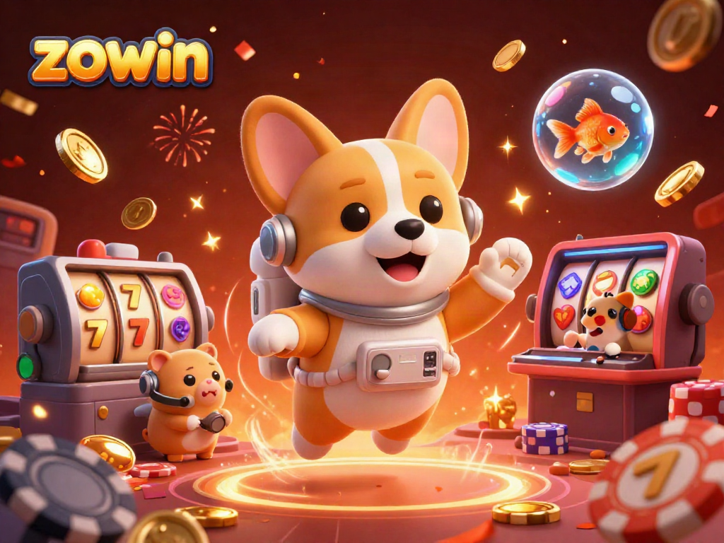 Experience the vibrant casino atmosphere with the Zowin astronaut corgi amidst floating chips and slot reels.