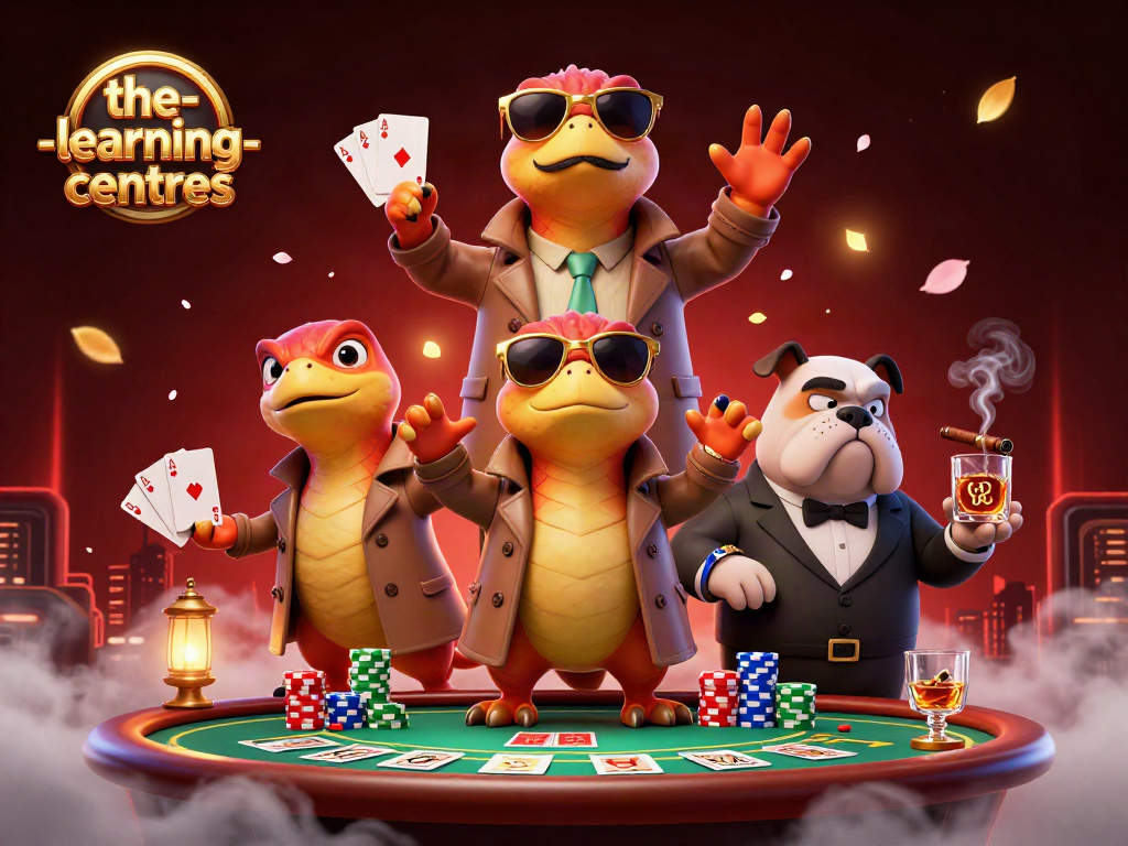 The-learning-centres raptors entertaining on a VIP casino scene with poker elements.