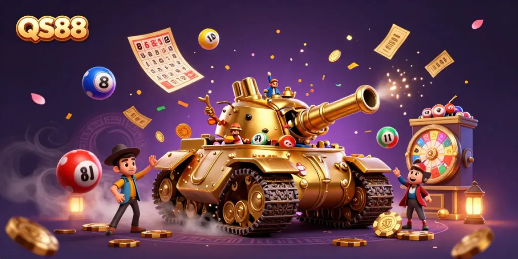 Engaging QS88 casino experience inside a golden beetle tank, surrounded by festive gaming elements.