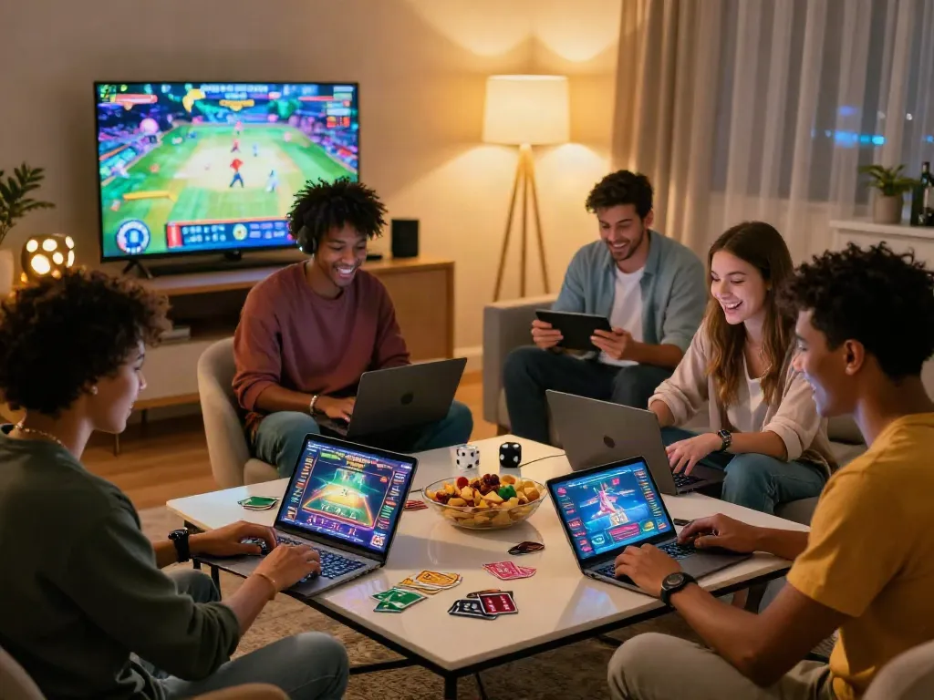 Friends enjoying gaming at credit card casinos in a cozy living room.