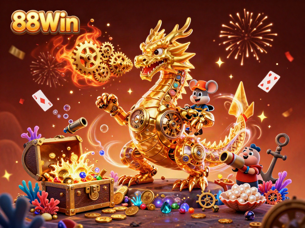 Experience the thrill of 88Win, featuring a golden dragon and vibrant casino elements.