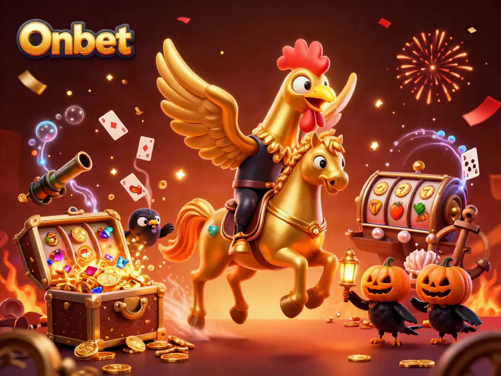 Experience the thrill of Onbet with a dynamic casino scene featuring a golden rooster and festive elements.