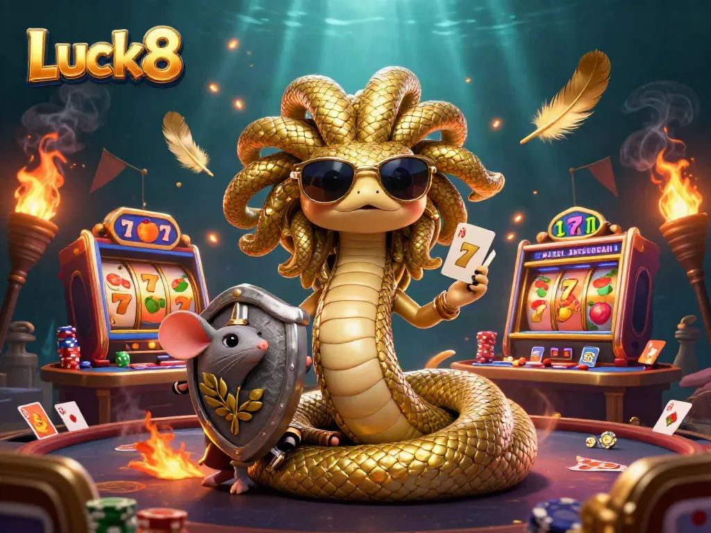 Experience thrilling gaming at Luck8 with vibrant slot machines, charming characters, and dynamic casino effects.