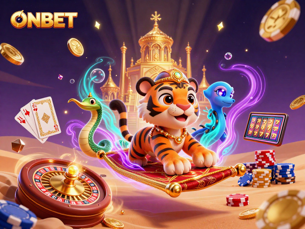 Win at ONBET with dynamic gaming action in an Arabian Nights-themed illustration.
