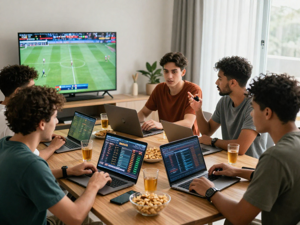 Friends excitedly discussing sports betting on EK 333 in a modern living room, showcasing live odds and a friendly atmosphere.