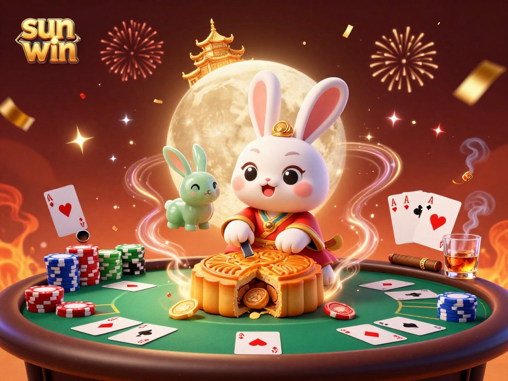 Win big with sun win as the moon rabbit celebrates on a vibrant lunar poker scene!