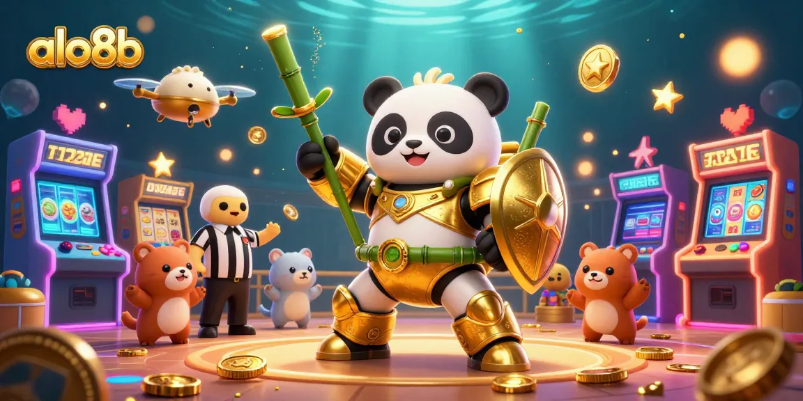 Experience thrilling gameplay at alo8b with vibrant gaming visuals, slot reels, and fun characters.