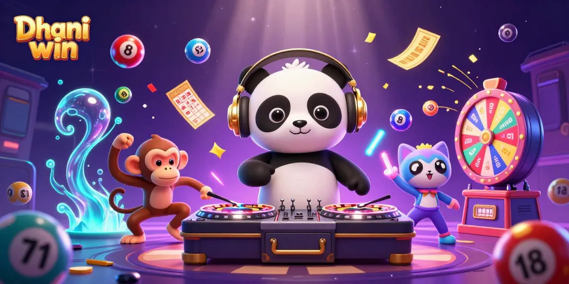 Dhani win platform engaging players with a DJ panda, breakdancing monkey, and glow-stick kitten amid lottery elements.