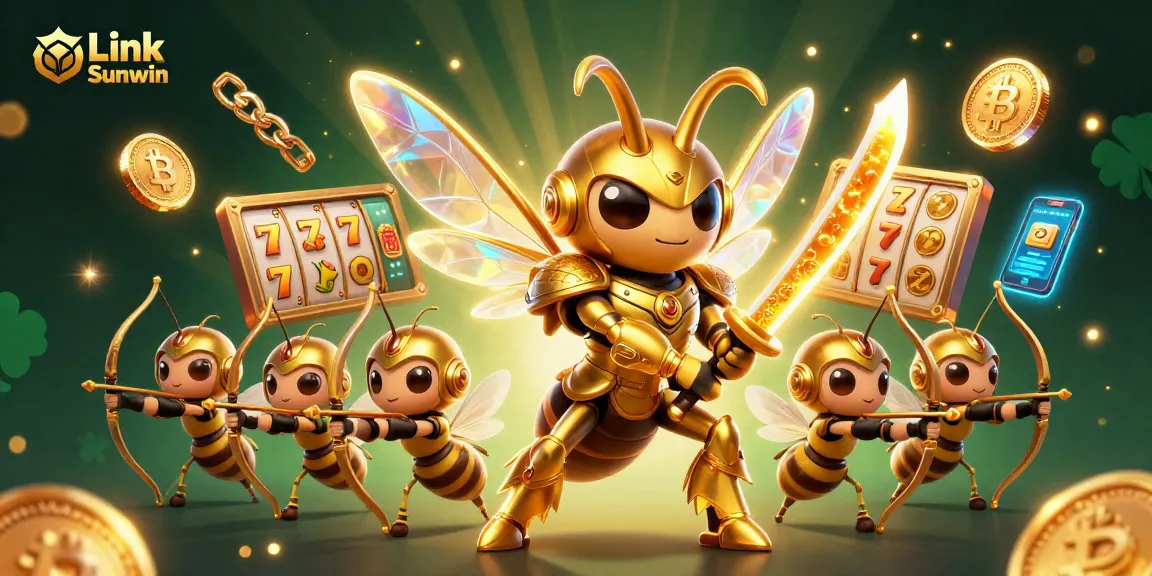 Join the excitement of Link Sunwin with vibrant slot reels and dynamic crypto elements in this captivating illustration.