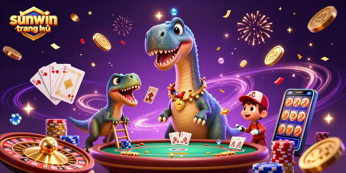 Engage with sunwin trang chủ as the brontosaurus surveys a vibrant casino scene filled with excitement.