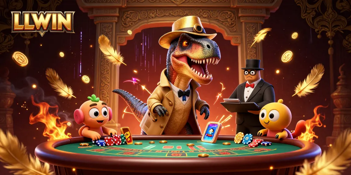 LLWIN game's exciting scene featuring a velociraptor card counter, stegosaurus pit boss, and compy pickpocket.