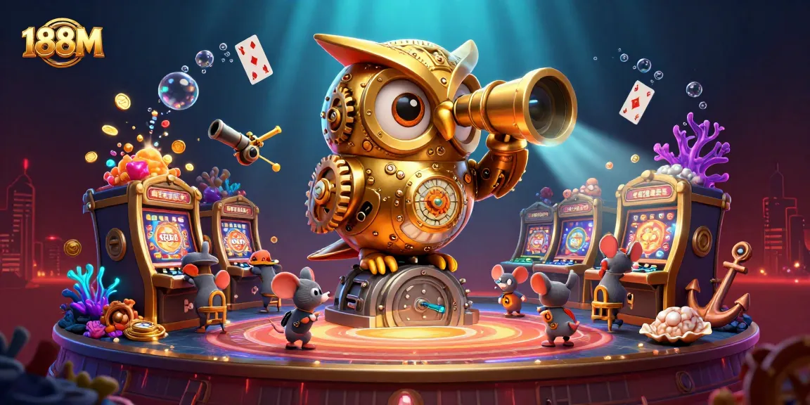 Experience 188M's vibrant casino world where a mechanical owl oversees players winning treasure.