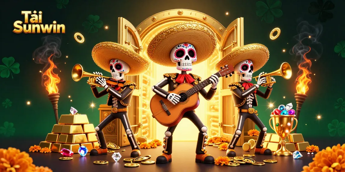 Tải Sunwin and win big with a colorful scene of mariachi skeletons surrounded by treasures.
