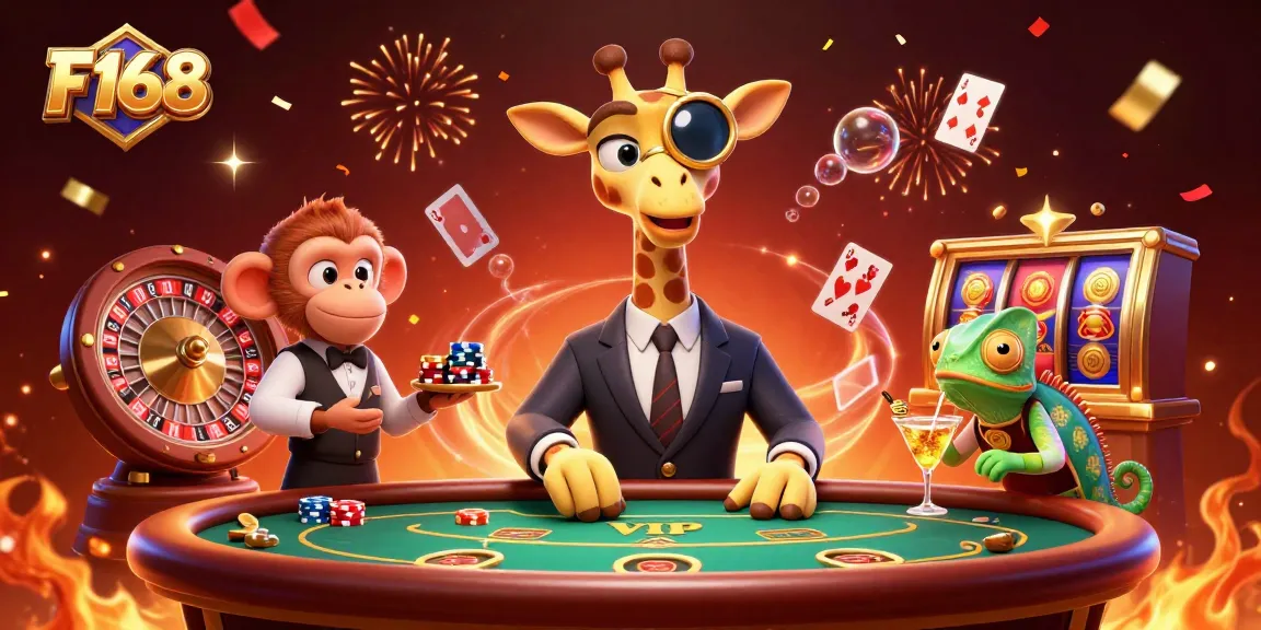Experience the excitement of F168 with vibrant casino characters at a lively gaming table.