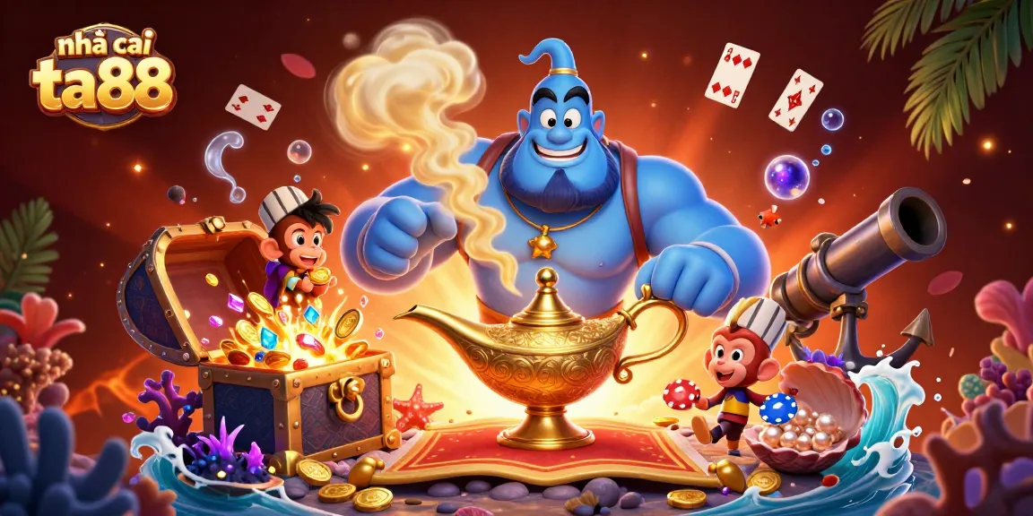 Engage with nhà cái ta88 through an animated casino adventure featuring a genie and poker chips.