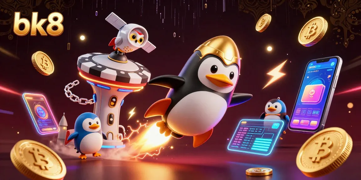 Winning big with bk8 in a vibrant, dynamic casino space scene filled with crypto elements