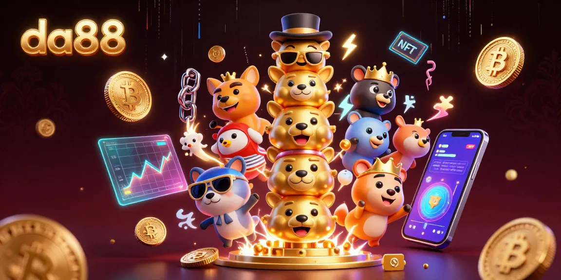 Experience the excitement of da88 with a vibrant 3D casino scene featuring animated totems and cryptocurrency elements.