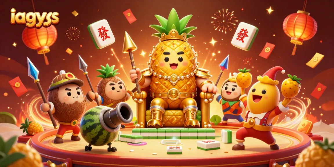 Experience a vibrant gambling scene featuring iagyys with a pineapple king at a cockfighting arena, bursting with action and celebration.