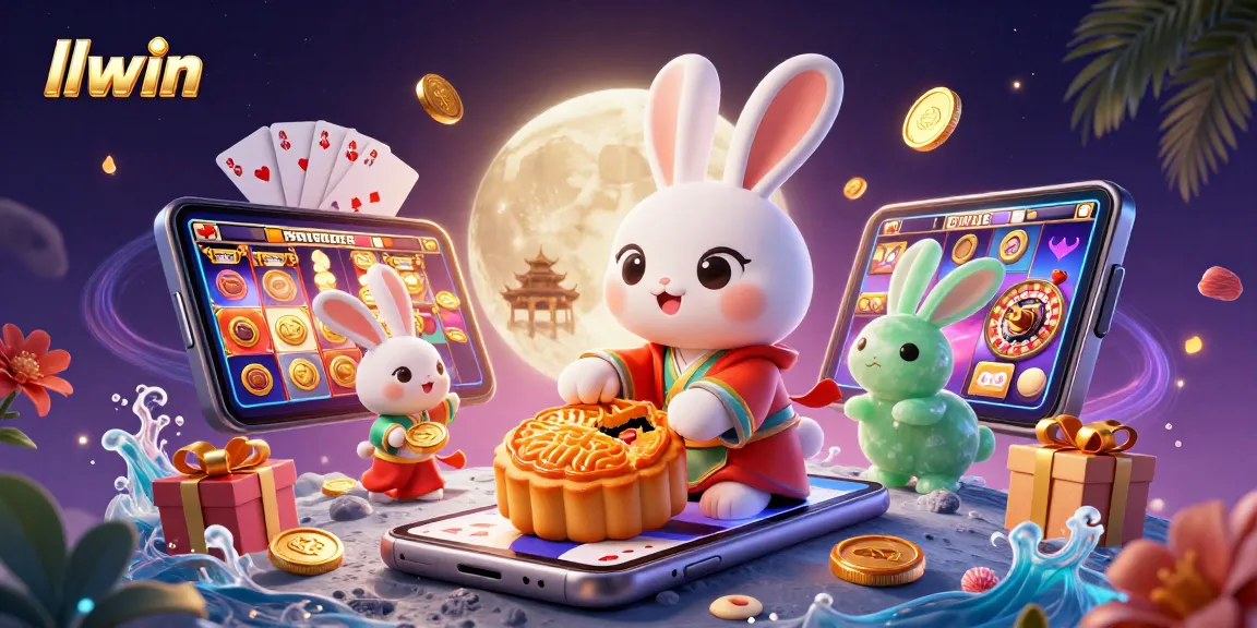 Experience llwin with an exciting 3D illustration of a moon rabbit revealing poker chips, surrounded by gaming elements.