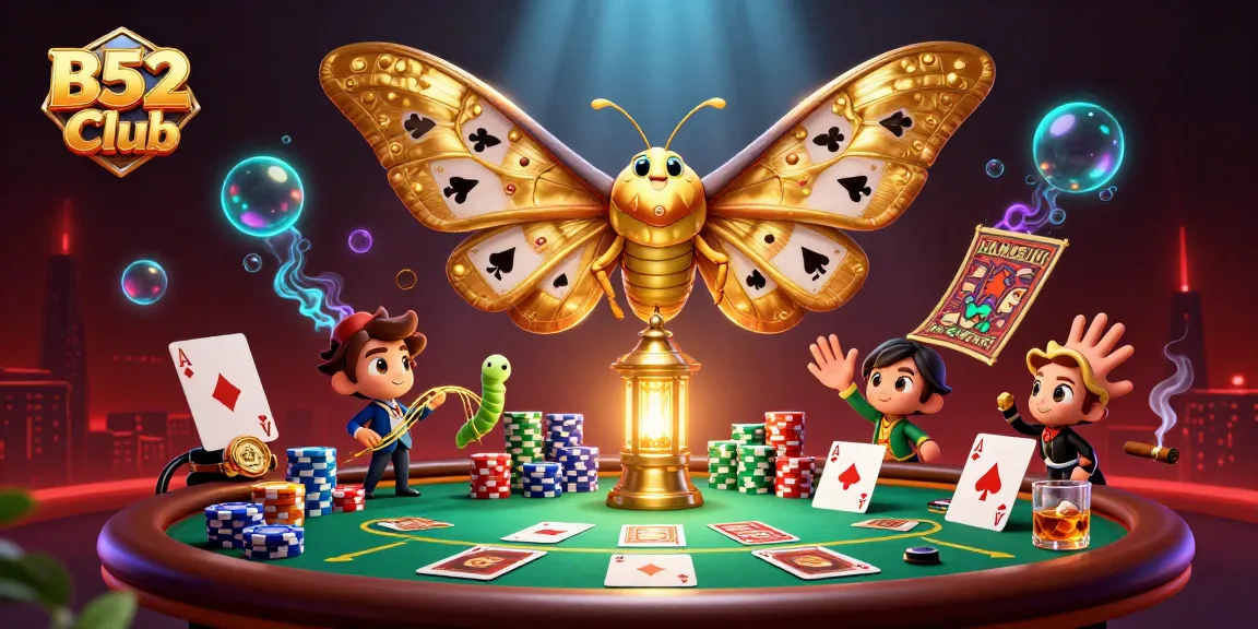B52 Club players strategizing with poker chips and cards among vibrant casino scenes.