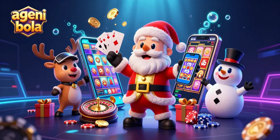 Agen judi bola illustration showcasing a festive casino scene with characters celebrating a jackpot win