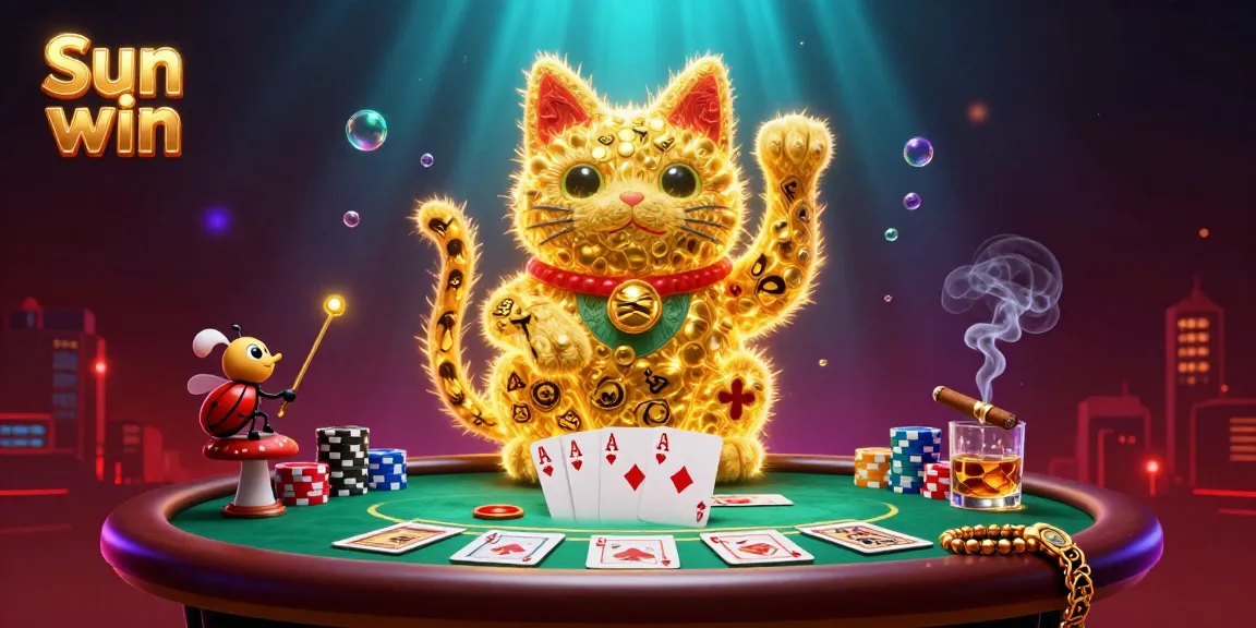 Experience thrilling gaming with Sun win's vibrant lucky cat, colorful poker chips, and dynamic casino symbols.