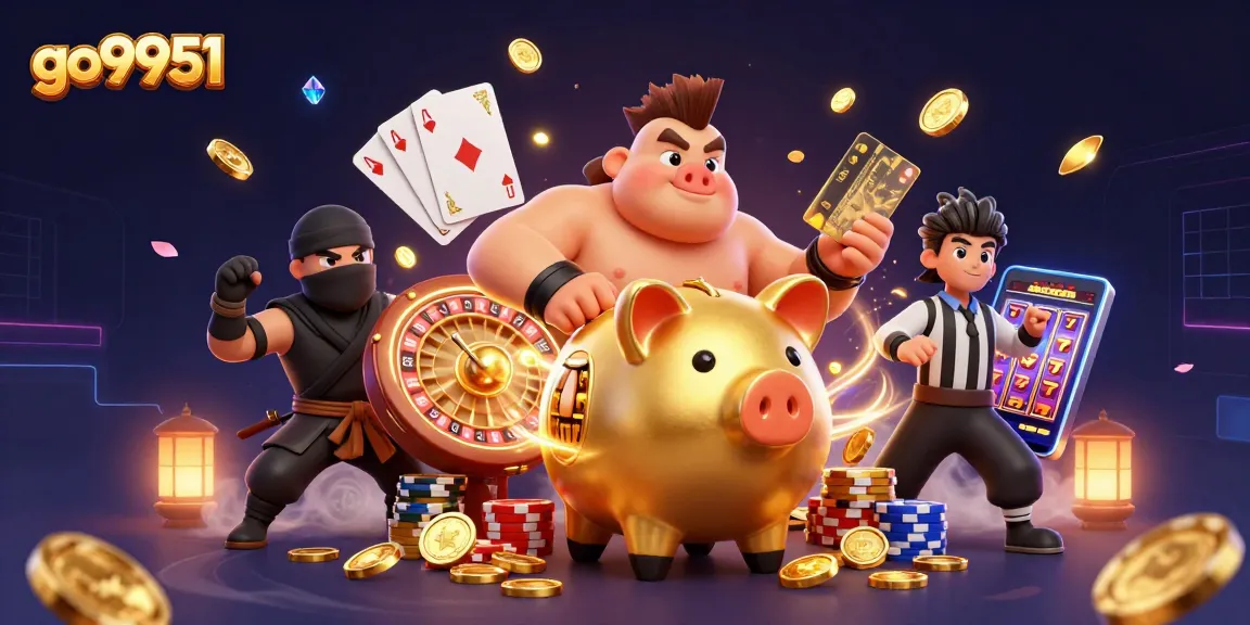 Experience the excitement of go9951 as a sumo wrestler piggy bank stomps and scatters coins in a dynamic casino scene.