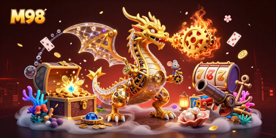 M98-themed 3D illustration showcasing a golden dragon and vibrant slots elements, embodying casino excitement.