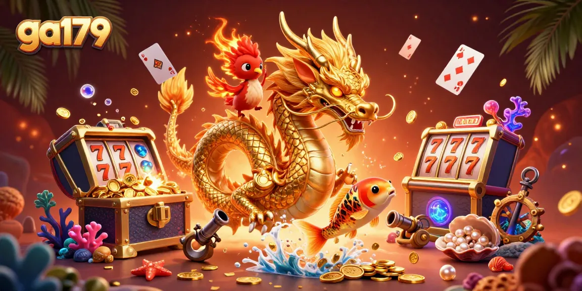 Experience thrilling gameplay with ga179, showcasing vibrant casino elements like lucky symbols and dragons.