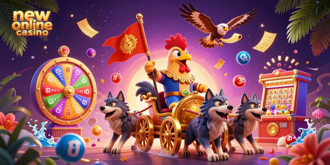 Experience the thrill of a new online casino with a vibrant 3D illustration of a rooster warlord amid dynamic gaming elements.